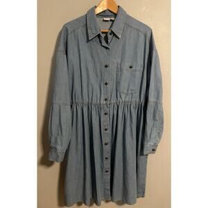 Vintage Styleworks Shirt Dress Womens 14 Blue Denim Button Up Gathered Waist 90s